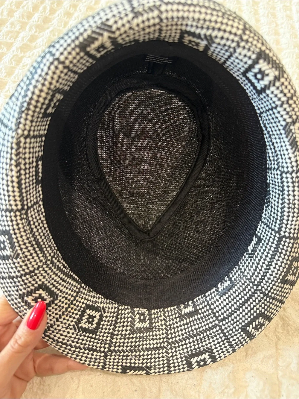 Black & White Patterned Fedora Hat with Black Band